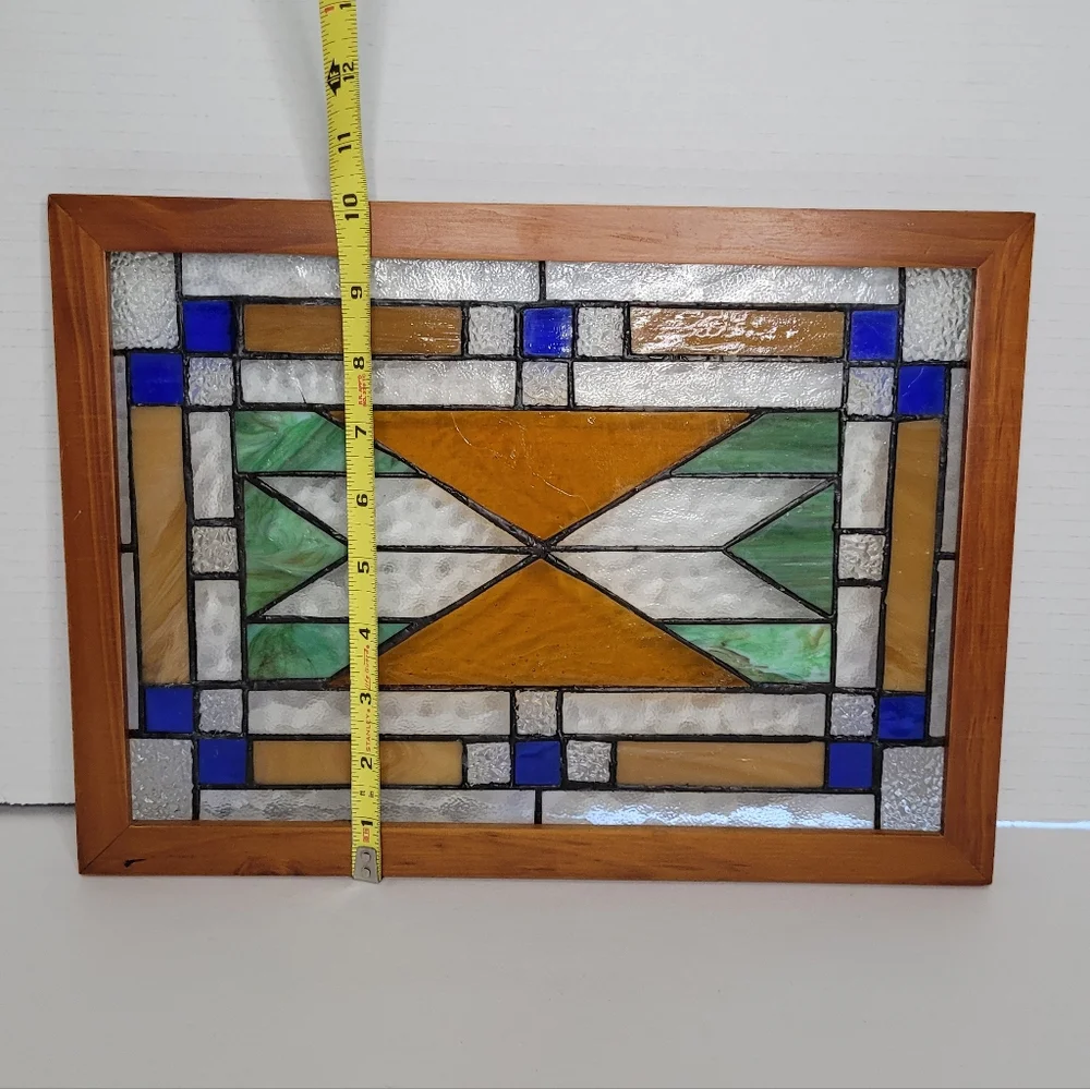 Geometric Stained Glass Panel In Wood Frame Vintage Window or Wall Decor RARE